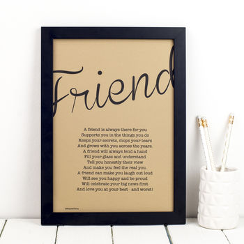 friend personalised print with friendship poem in kraft by bespoke ...