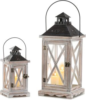 Two Vintage Distressed Wood Decorative Candle Lantern, 2 of 7