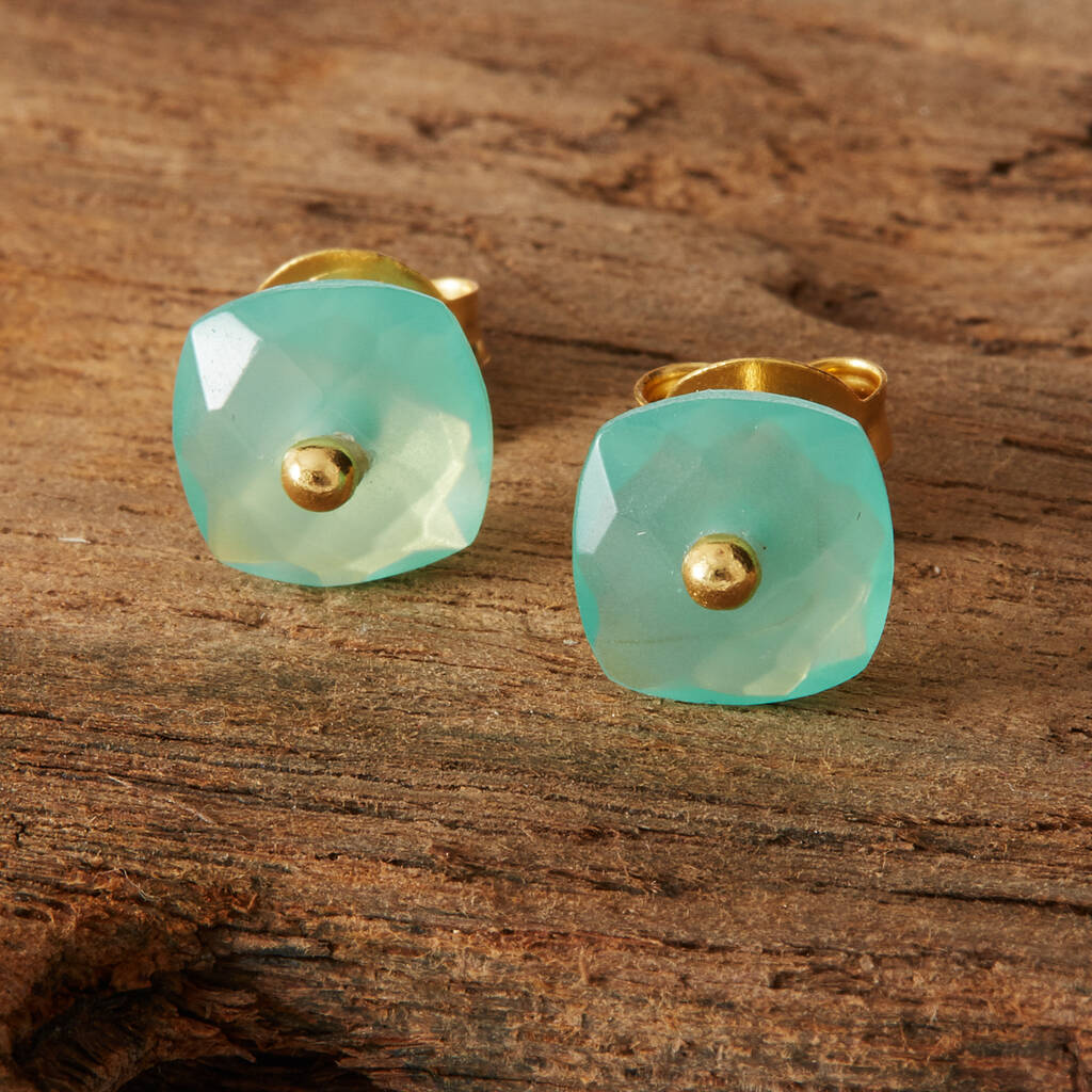 Aquamarine Chalcedony Gold Plated Silver Stud Earrings, 1 of 9