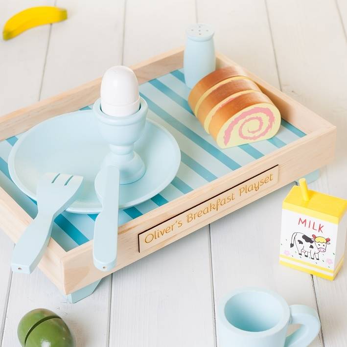personalised pale blue wood play kitchen breakfast set by british and
