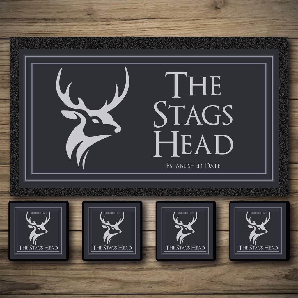 Personalised Bar Runner And Coasters Stags Head, 1 of 8