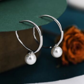 Large Pearl Open Hoop Earrings Sterling Silver, 3 of 10
