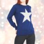 Christmas Jumper Women's Navy Blue With Silver Star Detail, thumbnail 3 of 4