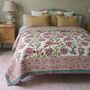 Turquoise, Pink And Burgundy Floral Indian Block Printed Cotton Bed Quilt, thumbnail 2 of 9
