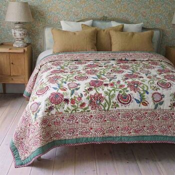 Turquoise, Pink And Burgundy Floral Indian Block Printed Cotton Bed Quilt, 2 of 9