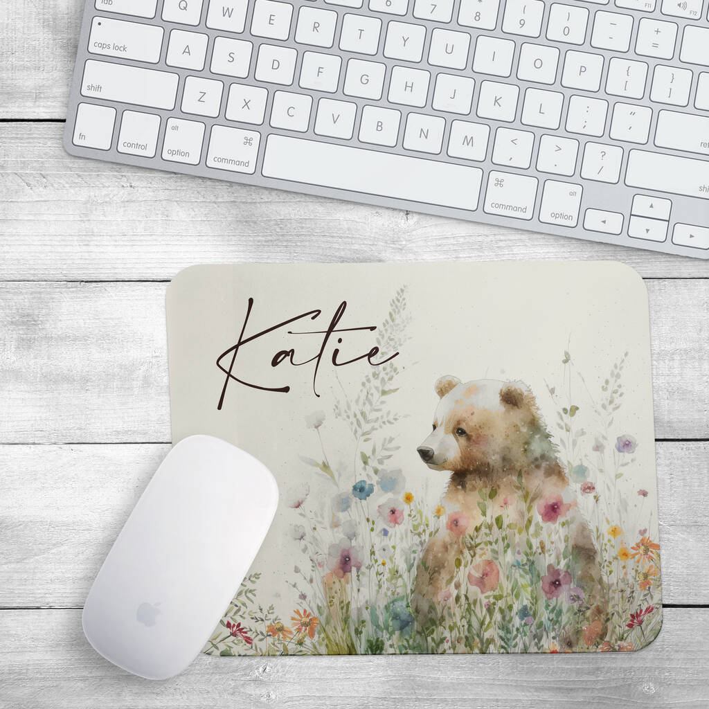 Personalised Bear And Wildflower Mouse Mat
