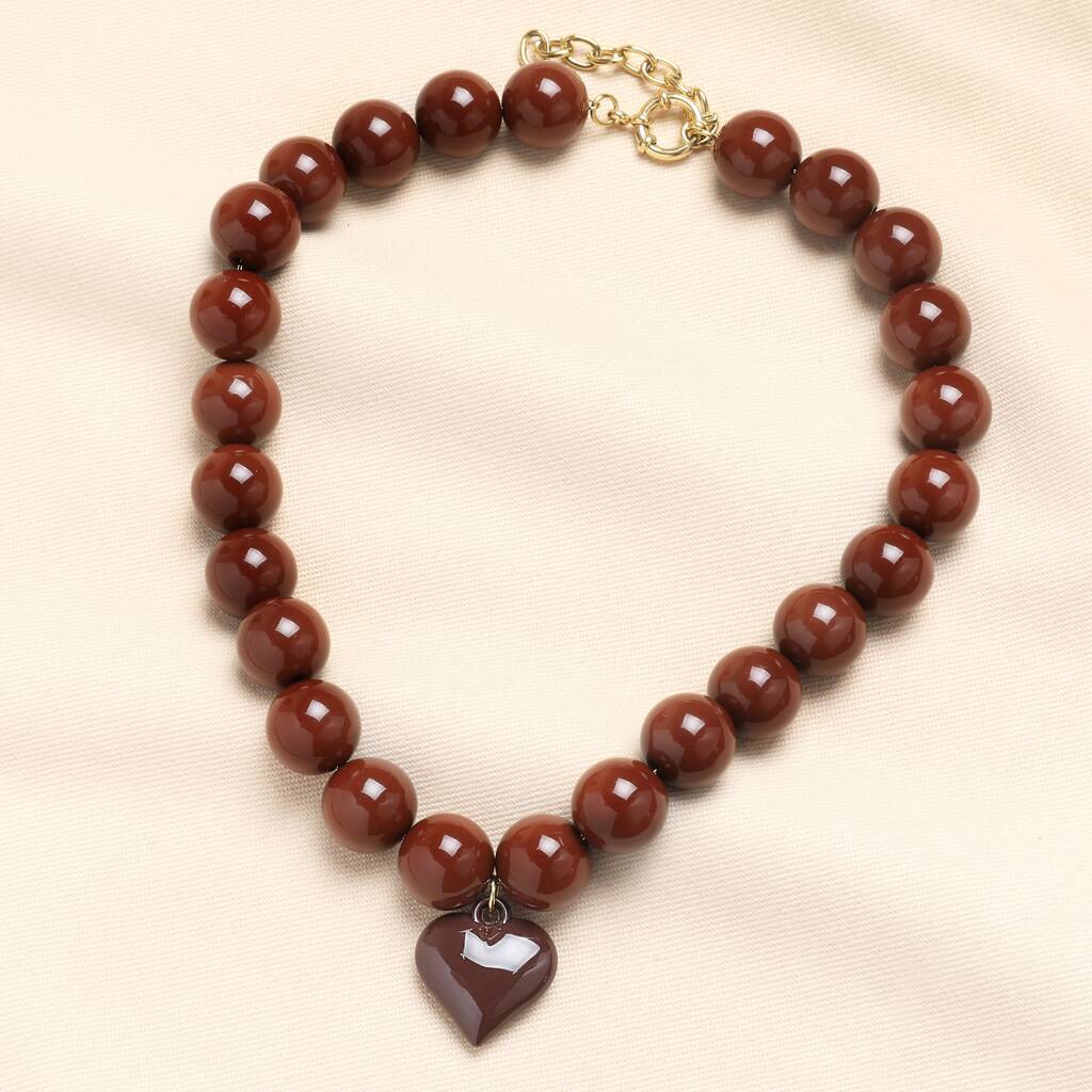 Brown Beaded Heart Charm Pendant Necklace, 1 of 4