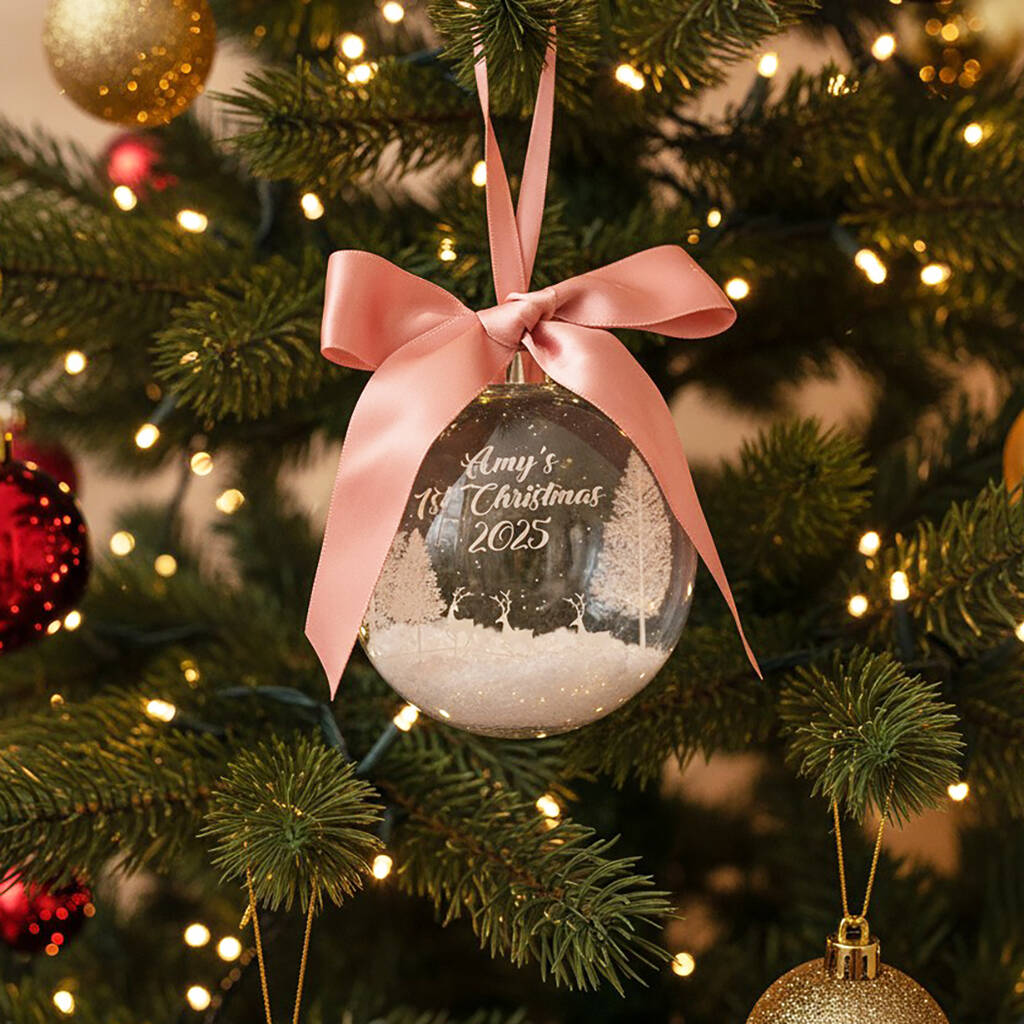 Round Glass Baby's 1st Christmas Snow Filled Tree Bauble Decoration, 1 of 6