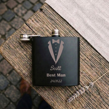 Personalised Engraved Tuxedo Design 6oz Hip Flask For Wedding, Best Man, Groom, 3 of 8