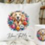 Personalised Golden Retriever Summer Floral Dog Wreath Cushion And Mug Gift Bundle, thumbnail 1 of 4