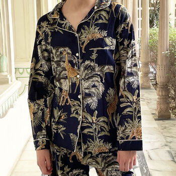 Giraffe And Leopard Print 100% Cotton Ladies Pyjamas In Dark Blue, 8 of 8