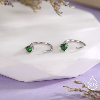 Sterling Silver Emerald Green Cz Huggie Hoop Threader Earrings, 3 of 11