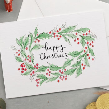 'Happy Christmas' Holly Wreath Christmas Card, 3 of 3