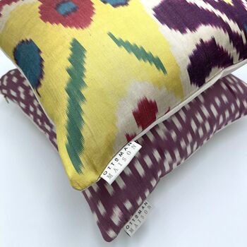 Square Ikat Silk Cushion Yellow And Purple Abstract, 2 of 7