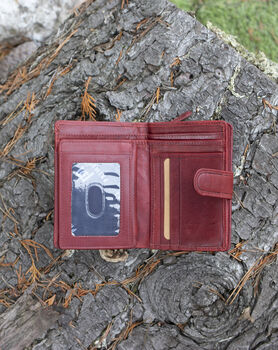 Women's Luxury Burgundy Leather Tab Trifold Purse Rfid Protected Personsalised, 6 of 7