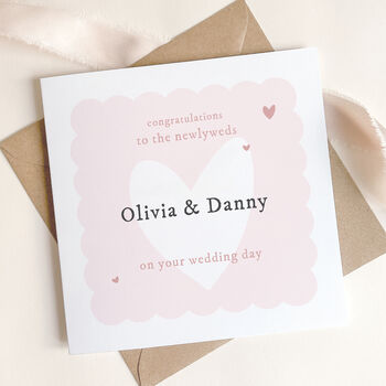 Personalised Wedding Day Card For The Newlyweds Featuring A Modern Pink And White Heart Design, 4 of 4