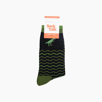 Embroidered T Rex Wavy Striped Combed Cotton Socks In Black/Green, 4 of 4