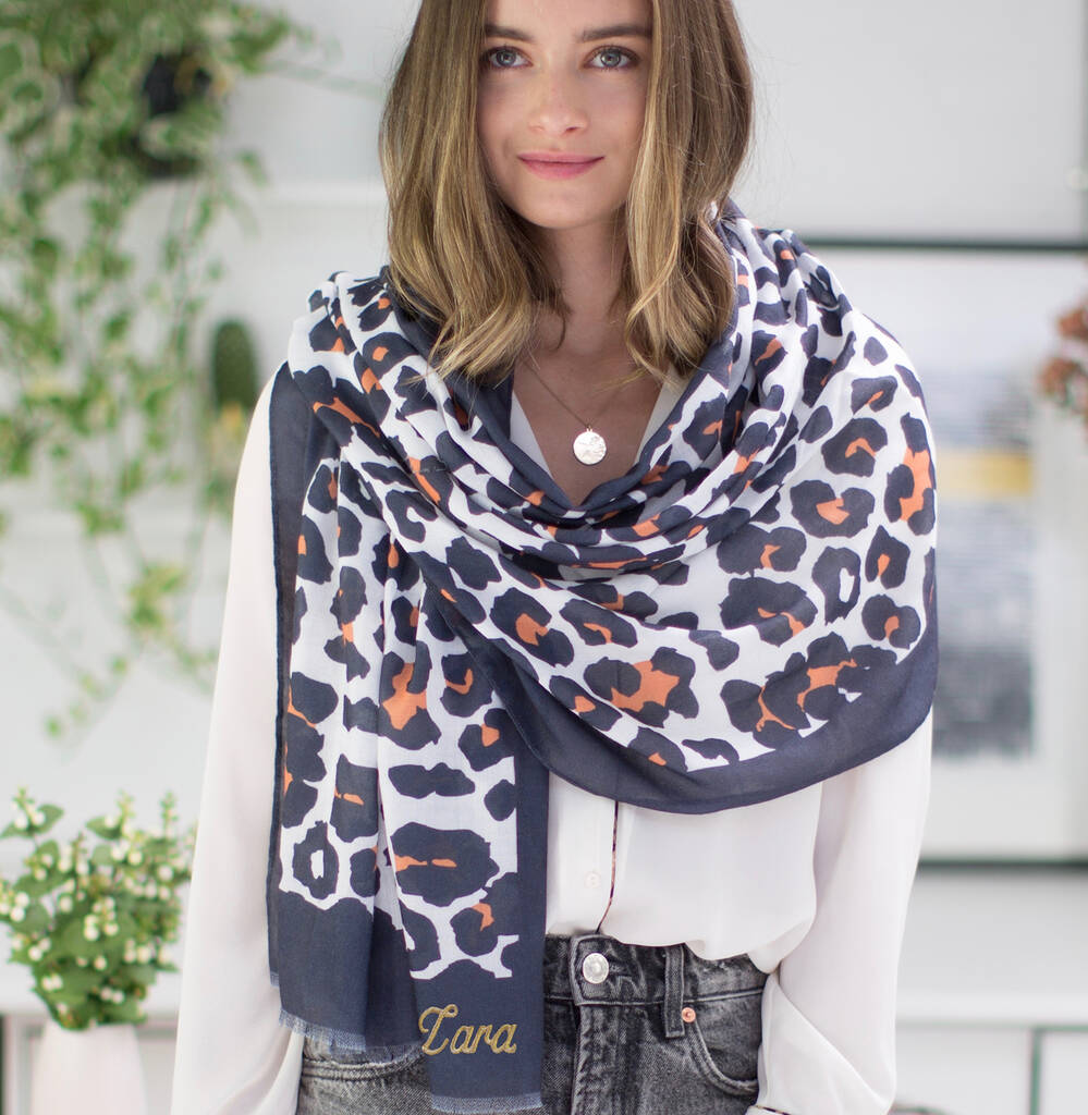 Personalised Navy To Stone Leopard Print Scarf By The Forest & Co