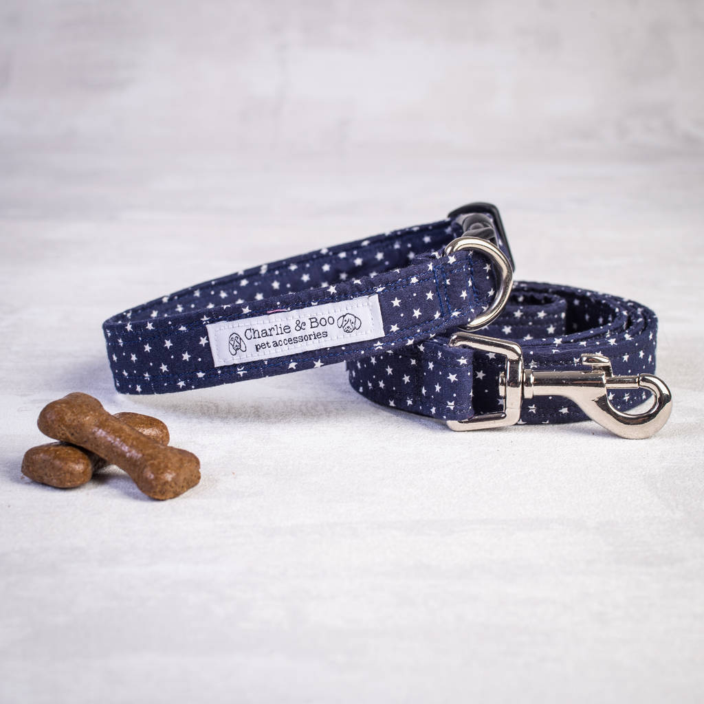 navy star dog collar and lead for girl or boy dogs by charlie and boo