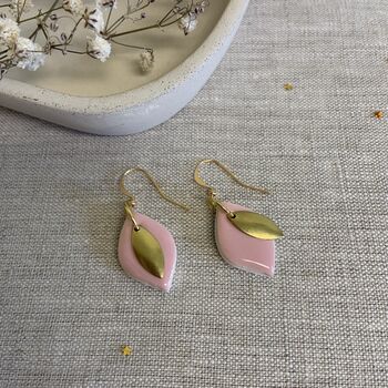 Pink Ceramic Leaf Earrings Gold Plated, 5 of 7
