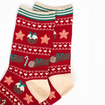 Women's Bamboo Socks Red Christmas Pudding, 3 of 5