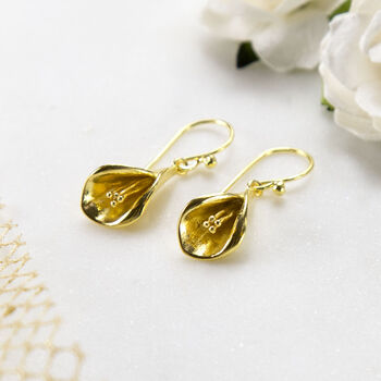Gold Plated Sterling Silver Calla Lily Dangly Earrings, 4 of 5