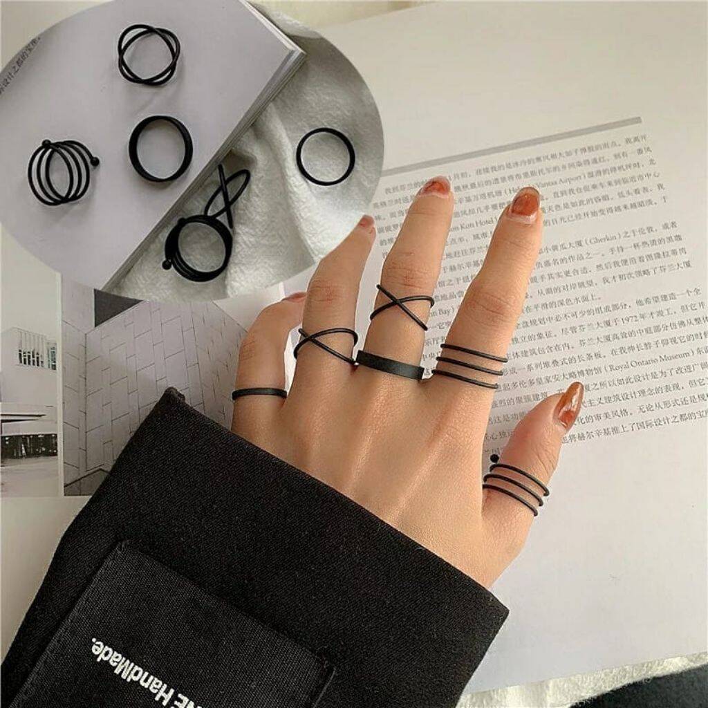 Six Piece Slim Gold Plated Black Stackable Midi Rings By The Colourful ...