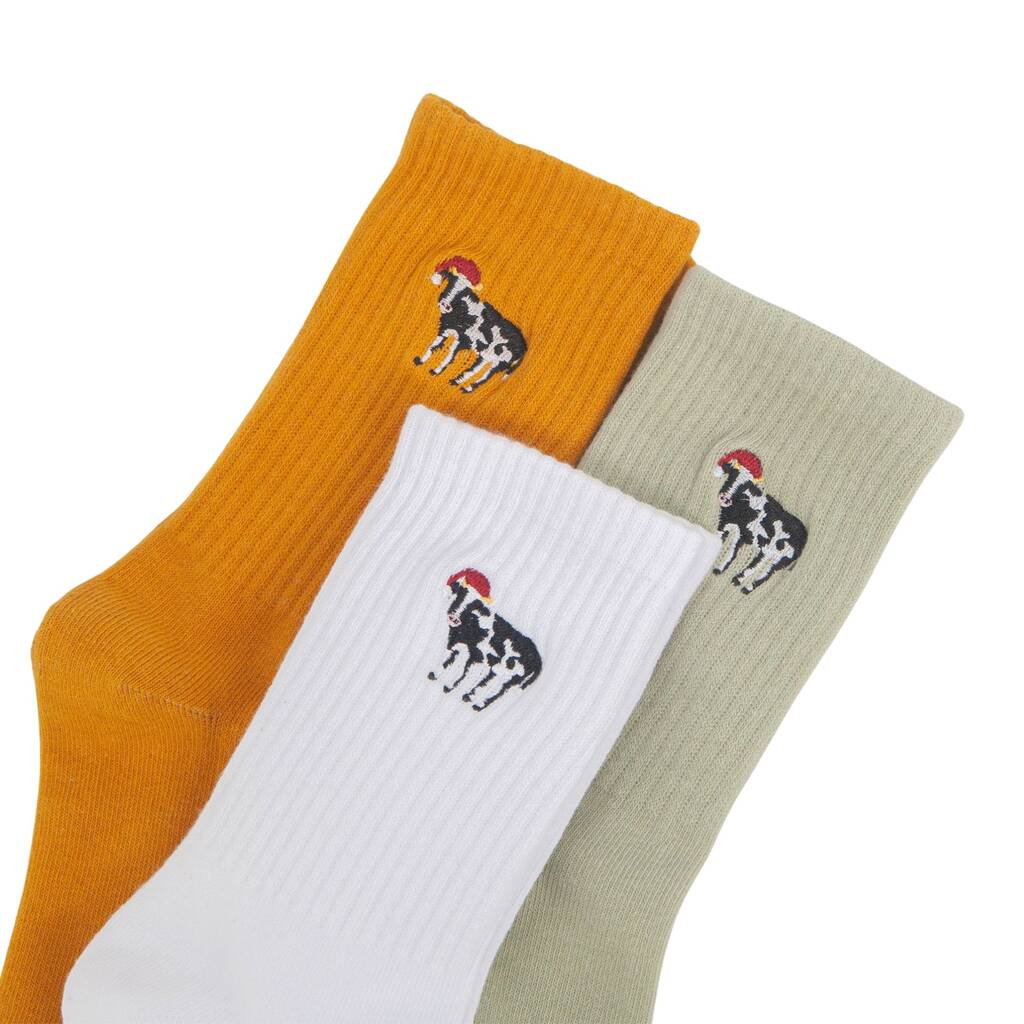 Men's Farm Cow Embroidered Cotton Christmas Socks Three Pack, 1 of 5