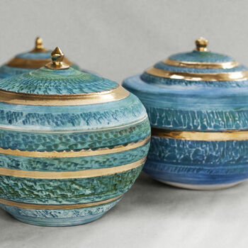 Handmade Blue Porcelain Chattered Lidded Pot 24 C Gold, 6 of 7