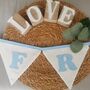 Baby Blue Bunting, New Baby Nursery Gift, Cream And Blue Personalised Bedroom Wall Banner, thumbnail 9 of 10