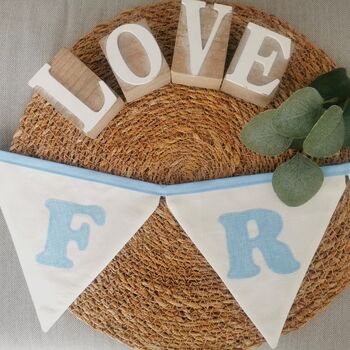 Baby Blue Bunting, New Baby Nursery Gift, Cream And Blue Personalised Bedroom Wall Banner, 9 of 10