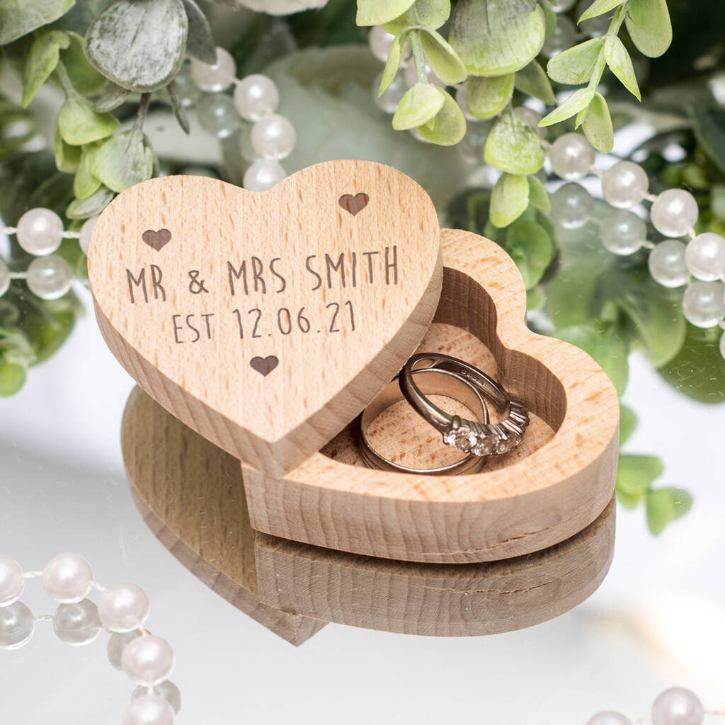 Engraved Romance Wooden Heart Wedding Ring Box, 1 of 2
