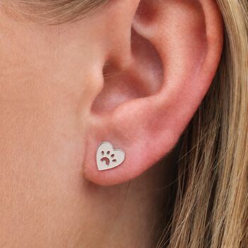 10mm Sterling Silver Paw Print Heart Stud Earrings, 2 of 8