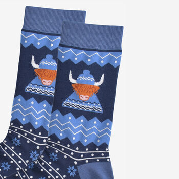 Men's Bamboo Socks Blue Highland Cow Hat And Jumper, 4 of 5