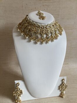 Indian Gold Plated Kundan And Pearl White Choker Set, 4 of 8