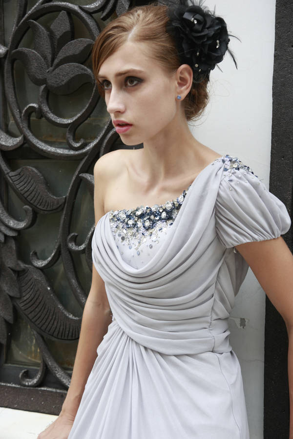 grey one shoulder chiffon bridesmaid  dress  by elliot 