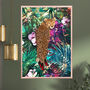 Cheetah In Heels In Tropical Flower Jungle Wall Art Print, thumbnail 1 of 6