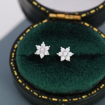 Pair Of Sterling Silver Very Tiny Cz Flower Stud Earrings, 4 of 12