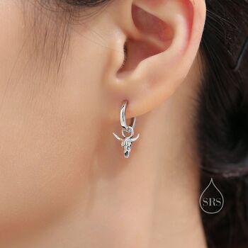 Sterling Silver Tiny Bull Skull Huggie Hoop Earrings, 6 of 10