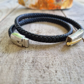 Mens Double Leather Bracelet With Gold And Silver Clasp, 6 of 7