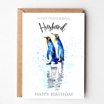 Hand Painted Penguin Couple Birthday Card For Husband, 3 of 3