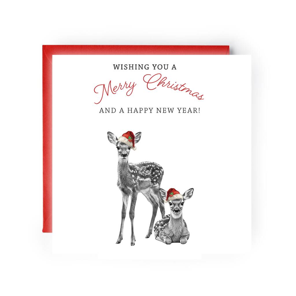 Fawn And Deer Countryside Christmas Card In Red Santa Hats, 1 of 4