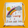 Rainbow And Clouds Themed Personalised Toy Bag, thumbnail 2 of 3
