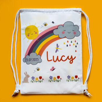 Rainbow And Clouds Themed Personalised Toy Bag, 2 of 3