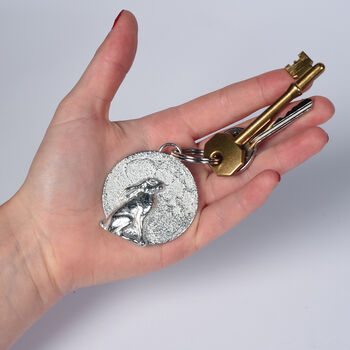 Hare Staring At The Moon Pewter Keyring, Hare Gifts, 2 of 8