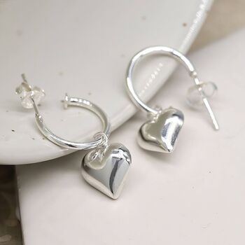 Sterling Silver Half Hoop Earrings With Heart Charm, 3 of 10