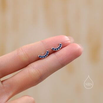 Sterling Silver Sapphire Blue Cz Curved Bar Tiny Stud Earrings, 4 of 12
