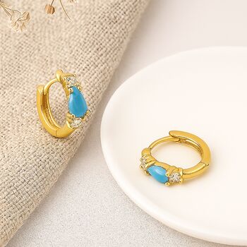 18ct Gold Plated Sterling Silver Turquoise Huggie Hoop Earrings – 10mm, 2 of 7