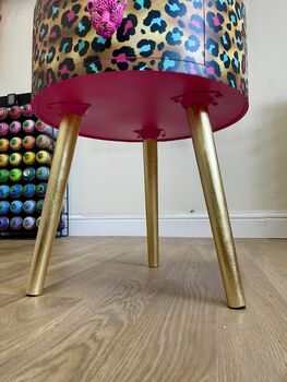 Pink Leopard Print Round Wooden Side Table With Drawer, 7 of 10