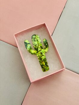 The 'Desert Sparkle' Cactus Glitter Brooch / Botanical Gift For Her /Green Succulent Brooch / Birthday Gift For Plant Lovers, 2 of 6